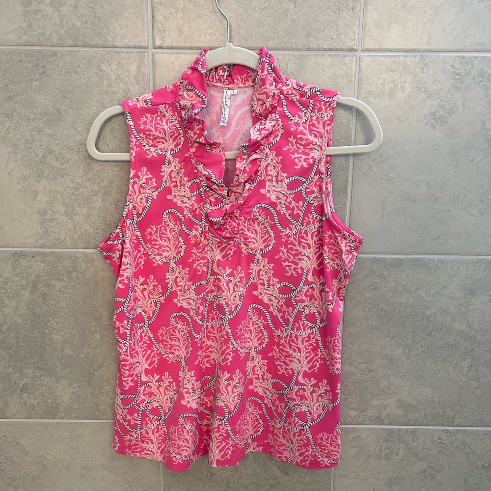 Lulu-B Sleeveless Ruffle V Neck Pink White Large